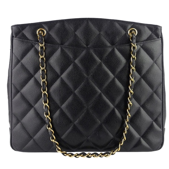 CHANEL CC Turnlock Black Caviar w/ Gold Chain Strap Leather Bag Large Tote Purse - Picture 3 of 9